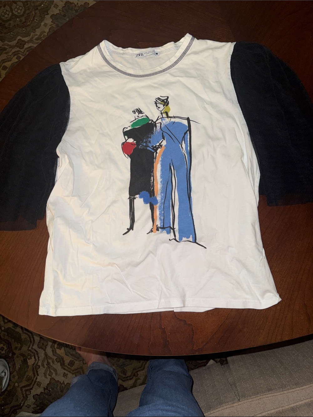 Zara Graphic White Tee with Black Mesh Sleeves and Colorful Print